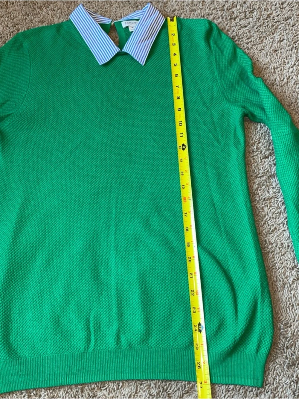 J.Crew Cotton Sweater with Contrast Striped Collar Womens M Green Preppy 90s